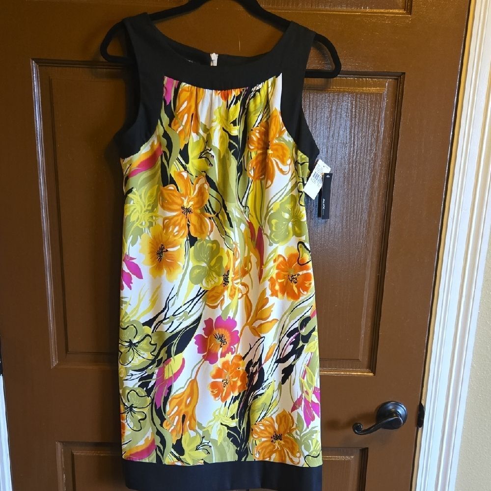 Alyx-Multi colored sheath printed sleeveless dress with blk border Sz 10 NWT.